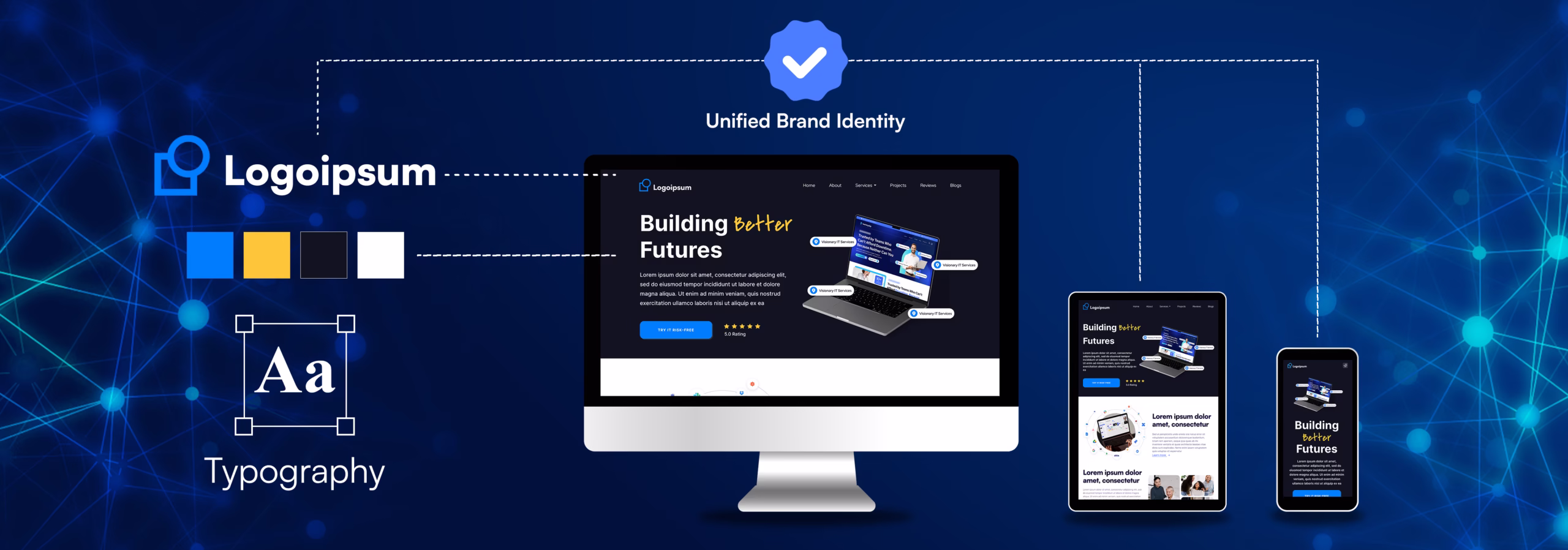 A row of SSL, payment provider, and review-star badges next to a testimonial card with a headshot and quote.
