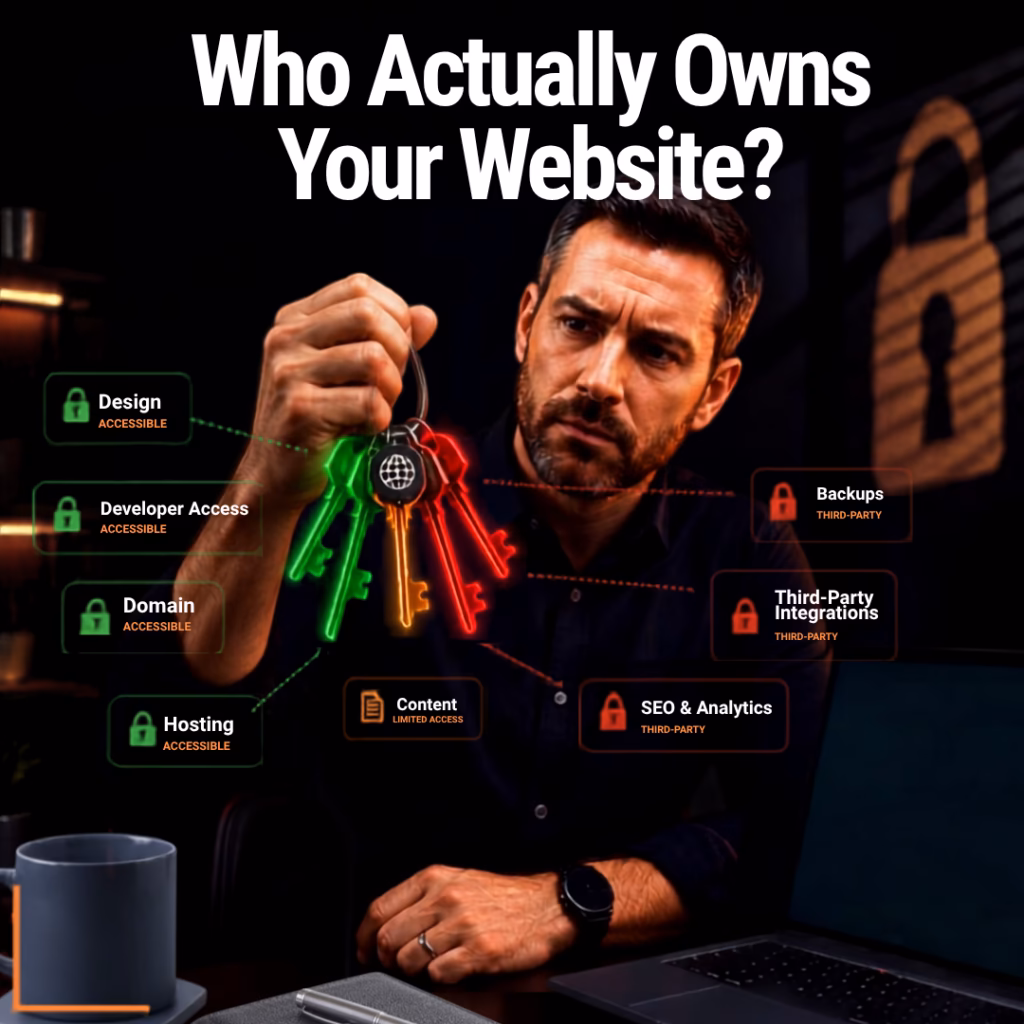 Who Actually Owns Your Website Man holding glowing keys with the headline “Who Actually Owns Your Website?” and labels showing website assets with accessible and third-party access.